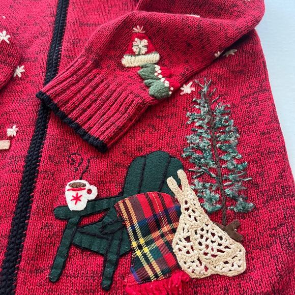 Coldwater Creek 3D Christmas Knit Cardigan Sweater Sz M Embroideted Cottage Red. - Picture 7 of 10